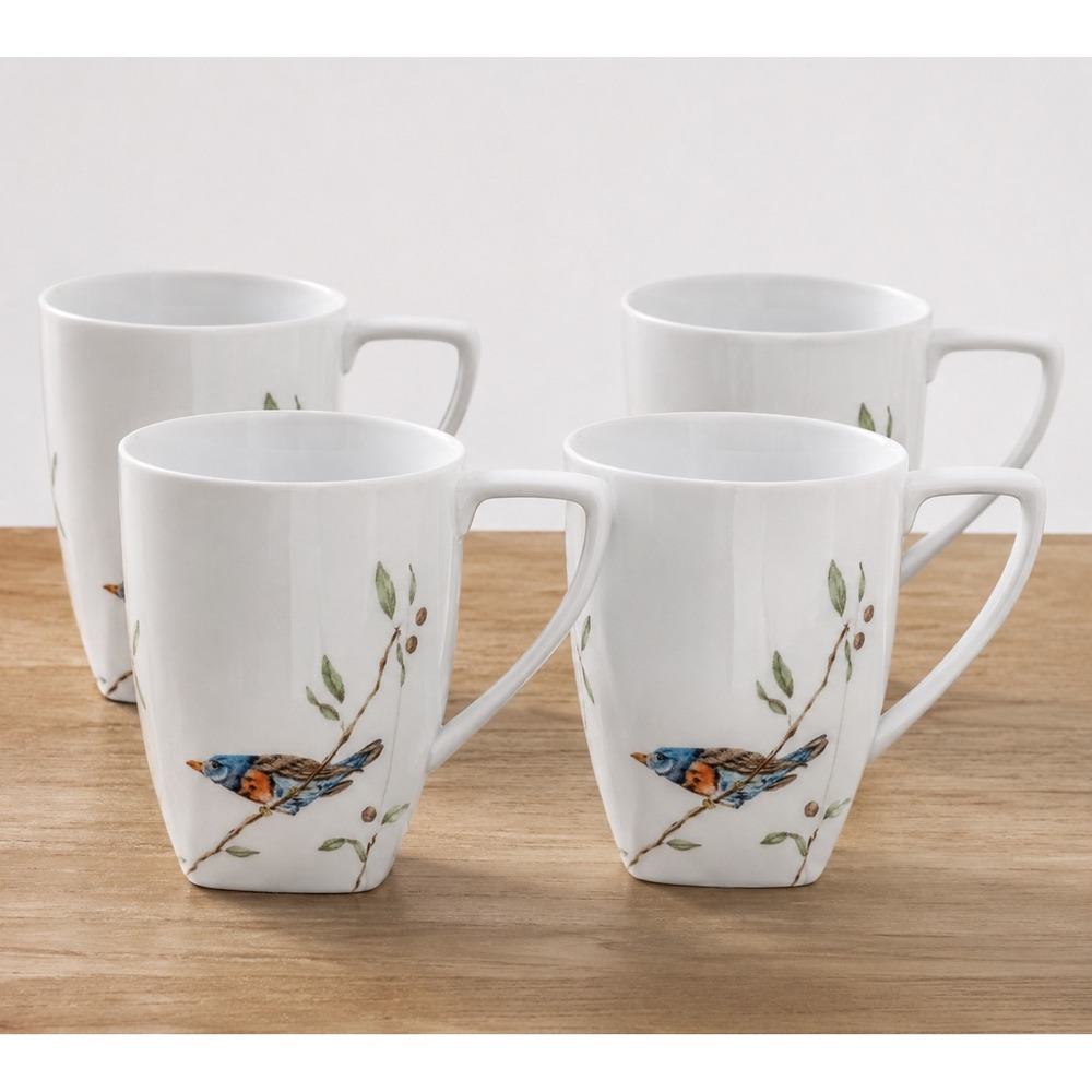 222 Fifth Early Bird Fine China Mugs Set of 4 Bluebird Square Base White Coffee